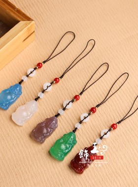 冰种和田白玉髓财神吊坠男女红绿玛瑙知了玉挂件招财手机链钥匙坠