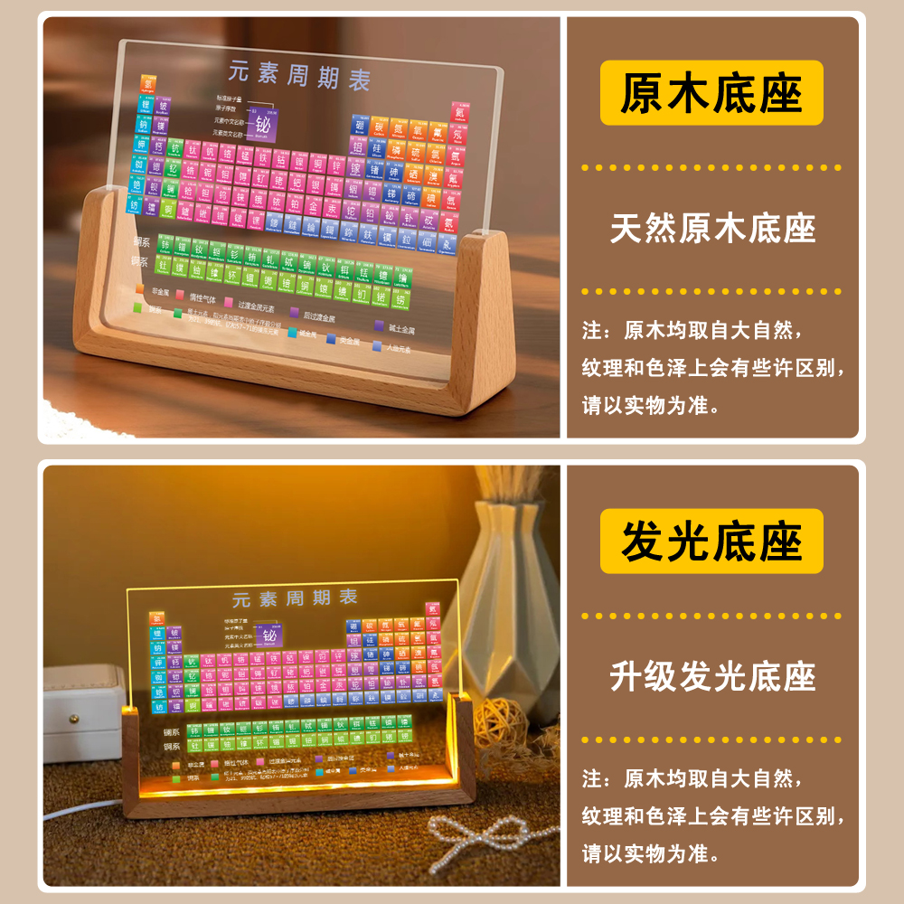 元素周期表摆件透明亚克力彩色灯带发光摆台化学学生习实木底座 - 图1