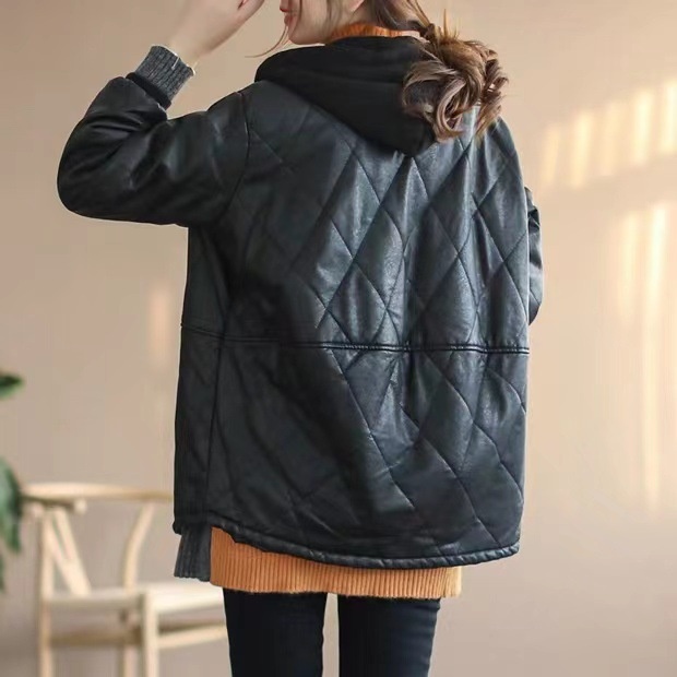秋冬款皮衣外套女夹棉加厚保暖连帽外套菱形格韩版皮袄时尚显瘦 - 图1
