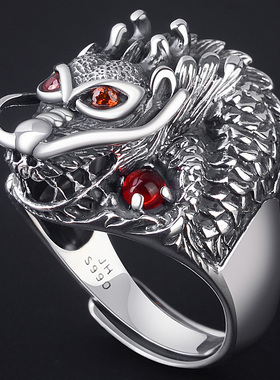 990银中国龙戒指男士霸气食指国潮时尚复古泰银饰品宽版龙头板指