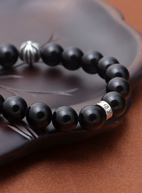 轻奢s925纯银饰品泰银复古8/10mm黑玛瑙十字架圆珠男女手串手链