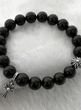 朋克风格手链S925银十字架花字母珠10MM天然黑曜石手串男女明星