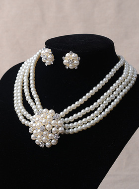 日韩新娘仿珍珠项链耳钉围脖套装