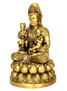 坐莲花黄铜送子观音菩萨抱孩佛像居家供奉开业新居供佛平安中式
