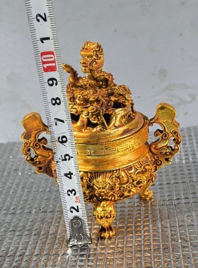 古玩收藏鎏金三足二龙戏珠香薰炉  家居办公摆件