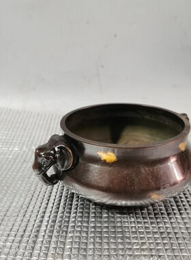 仿古香炉铜象耳平口炉黄铜仿紫铜色点金复古工艺 家居装饰工艺品