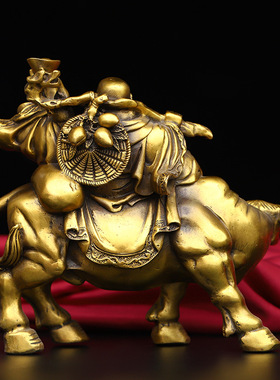 黄铜弥勒佛家居饰品摆件铜笑佛骑牛送宝开业旺铺吉祥工艺礼品