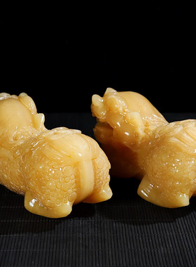 天然黄玉貔貅摆件一对 玉石卧式皮丘 玄关办公室客厅家居装饰品
