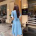 Buồn ngủ thỏ đầu thu mới 2019 váy thon gọn màu xanh nhỏ cô gái tươi tắn khí chất eo - Váy eo cao váy xoắn eo đẹp	 Váy eo cao