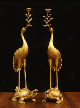 纯黄铜龟鹤延年仙鹤摆件