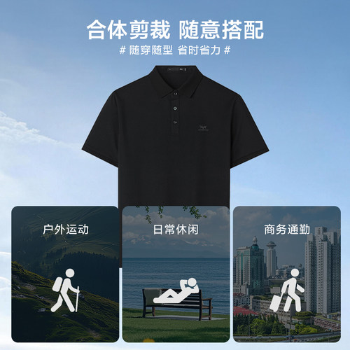 HLA/海澜之家轻商务短袖POLO26春夏新含桑蚕丝印花透气翻领T恤男 - 图2