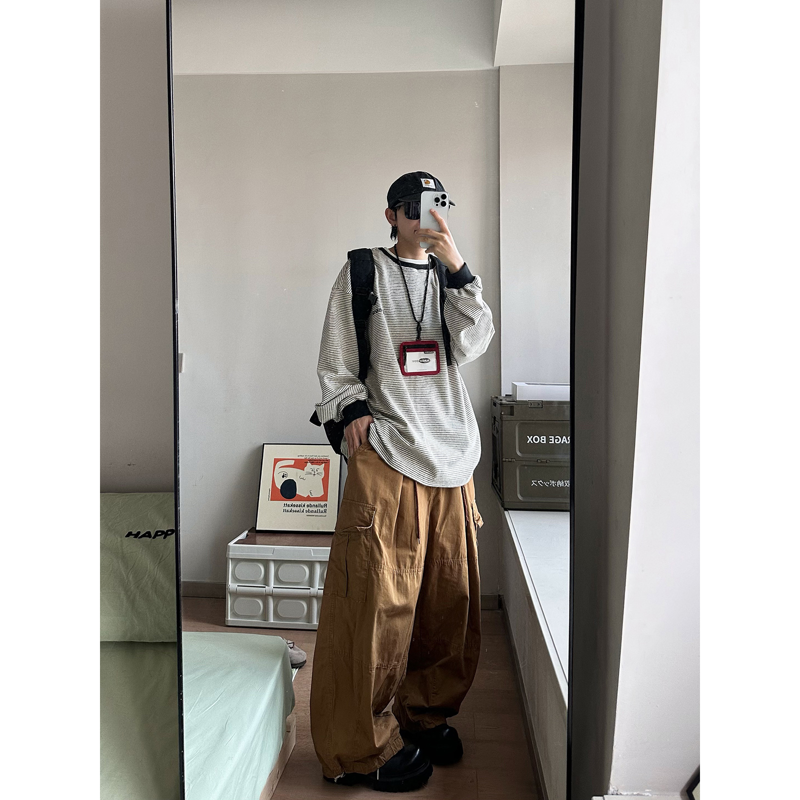 XBRO日系复古磨毛24年秋慵懒宽松无性别刺绣条纹长袖T恤卫衣男女 - 图1