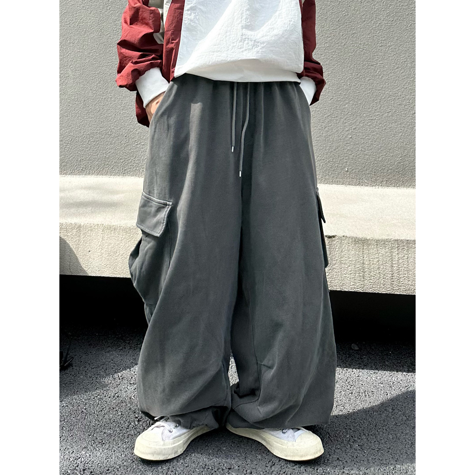 XBRO韩国廓形加肥多口袋慵懒垂感水洗褶皱感可束脚卫裤休闲工装裤,淘宝优惠券,粉丝福利购,淘宝优惠卷