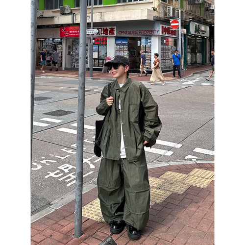 XBRO日系复古宽松春秋季工装套装男女慵懒廓形韩系长裤长袖衬衫潮 - 图1