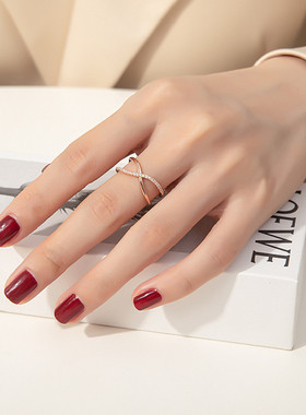 韩版铜镶锆石小众设计交叉戒指女ins潮轻奢风指环开口调节戒食指