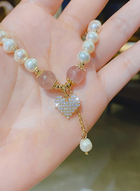 真金电镀微镶锆石爱心吊坠手链韩国东大门猫眼石彩色珍珠个性手饰