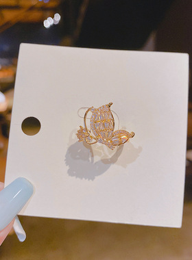 铜镶锆石真金电镀开口蝴蝶戒指女时尚小巧韩国食指戒子指环