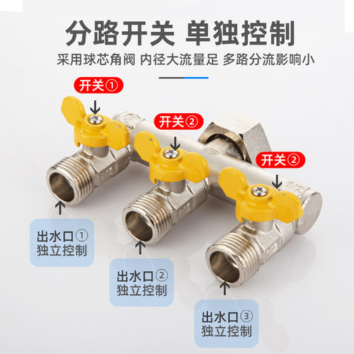 6分接口全铜带开关三通四通一进双出三出一分两路水管分流分水器 - 图3