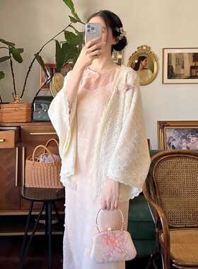旗袍披肩小外套外搭配少女2025新款春秋季高级感蕾丝针织开衫斗篷