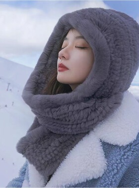 兔毛帽子围巾一体帽加厚皮草帽子女冬季户外保暖护耳帽显脸小围脖