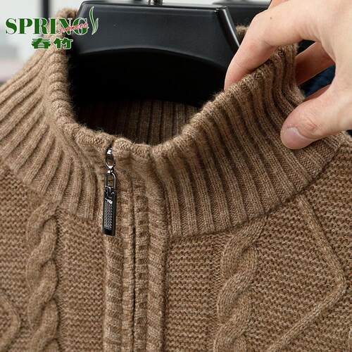 上海春竹冬季特厚山羊绒衫男新款半高拉链领中年休闲高档针织毛衣 - 图3