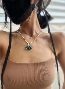 清新灵动小绿象吊坠女可拆卸式珐琅小象项链百搭奶油色竹节项链