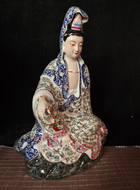 景德镇雕塑粉彩陶瓷观音佛像居家供奉佛摆件家用自在观世音像38CM