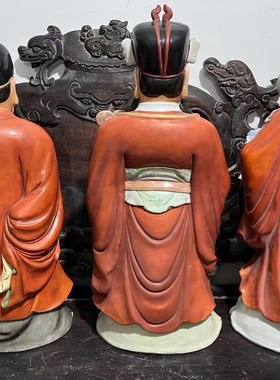 景德镇陶瓷雕塑摆件仿古曾龙昇造矾红描金福禄寿三星一套高66厘米