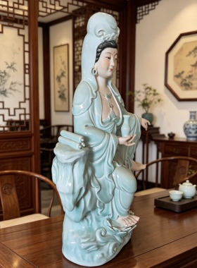 景德镇影青釉自在观音陶瓷器佛像家用供奉青瓷观世音菩萨摆件52cm