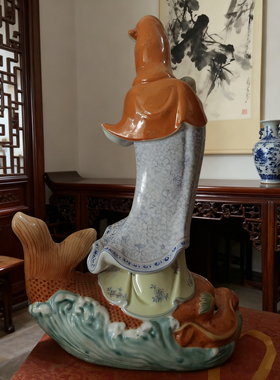 景德镇陶瓷站鰲龙送子观音摆件家居供奉工艺品观世音菩萨佛像30cm
