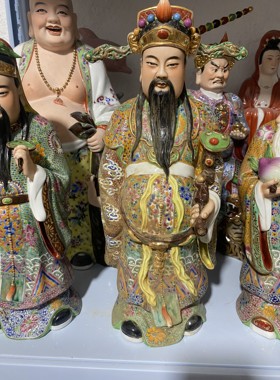 精品曾龙昇福禄寿三星报喜景德镇手工陶瓷器粉彩雕塑摆件高度40cm