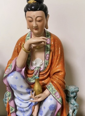 陶瓷净瓶水月自在观音佛像禅意中式客厅玄关摆件观世音菩萨像50cm