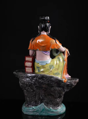景德镇陶瓷摆件经书踏莲花自在观音菩萨坐岩像本金观世音佛像54cm