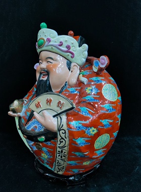 景德镇雕塑陶瓷器红衣财神爷酒店宾馆开业吉祥送礼财神聚宝盆神像