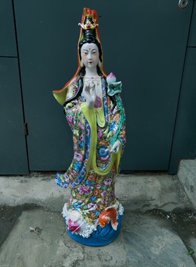 景德镇摆件金地万花手持荷叶站海水观音菩萨家用寺庙供奉手工陶瓷