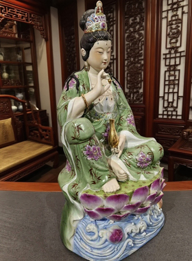 景德镇手工雕塑陶瓷绿衣自在观音菩萨家居观世音佛像供奉摆件55cm