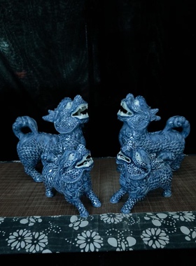 厂货青花麒麟摆件一对古董古玩景德镇雕塑瓷仿古瓷器摆件装饰收藏