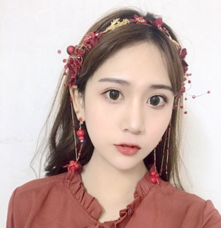 2019新款韩式红色发饰耳环仙美发箍婚纱敬酒礼服新娘头饰结婚饰品