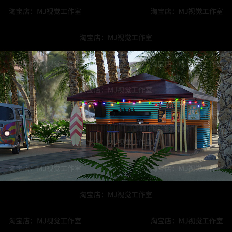 blender场景沙滩酒吧店铺饮料热带海边模型建模素材渲染1030-图1