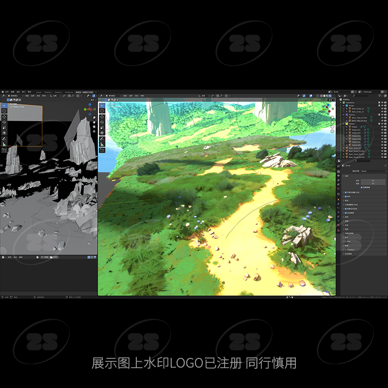 blender场景卡通漫画二次元草地山坡草丛植物山路地形渲染模型488 - 图0