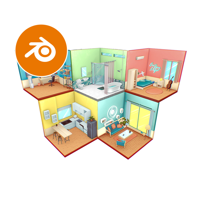 卡通房间卧室书房场景素材3D模型文件下载客厅Q版源文件blender30 - 图3