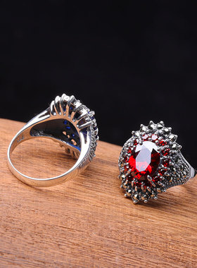 人品银品S925银饰品泰国精工泰银女士切面石榴红戒指新品源头厂货