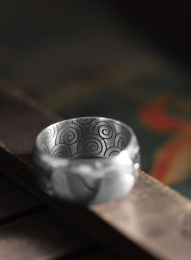 人品银品足银999九字真言戒指复古做旧个性潮流百搭男士祥云指环