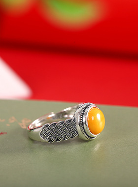 人品银品 s925纯银复古做旧编织蜜蜡戒指 简约女士个性开口指环