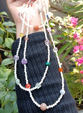 天然水晶白贝母多宝多圈项链女款毛衣链颈链配饰礼物原创款