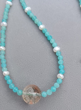 天然绿幽灵天河石珍珠项链女款毛衣链锁骨链颈链配饰礼物原创款