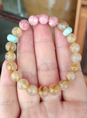 天然水晶8mm金发晶红纹石海纹石招米手链