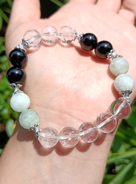 天然水晶五行补水白水晶海蓝宝黑曜石手串手链送女友闺蜜生日礼物