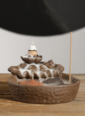 跨境 紫砂石磨烟倒流香炉 创意莲花鱼烟倒流观赏香薰炉家居摆件