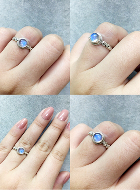 尼泊尔天然月光石雕花925银戒指